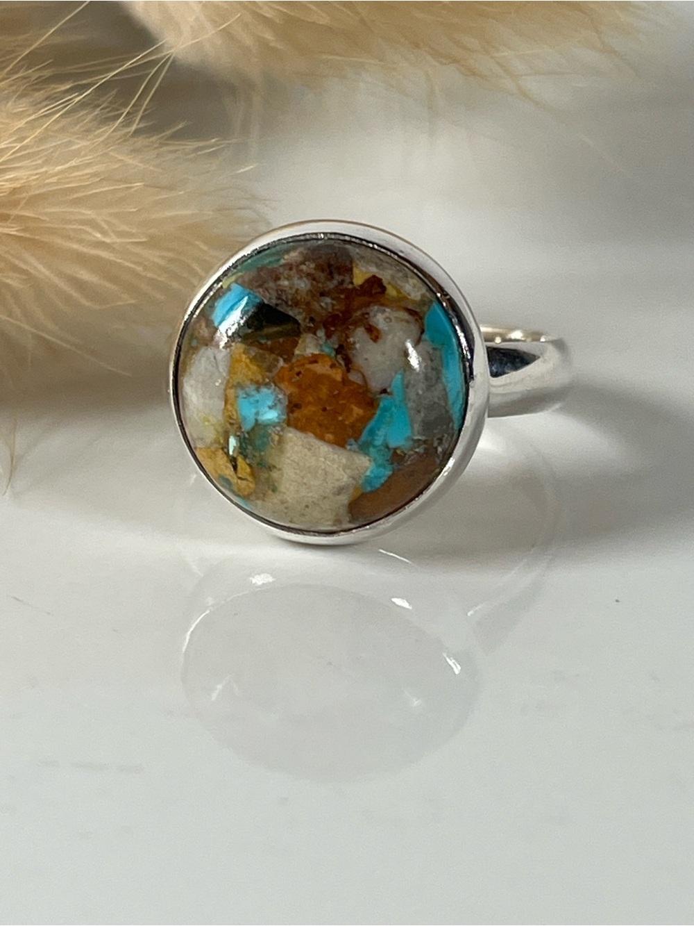 Solid 925 Sterling Silver Round Turquoise Matrix Composite Gemstone Ring Size 9